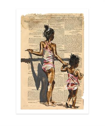 print of a painting on newspaper of two children in swimming costumes