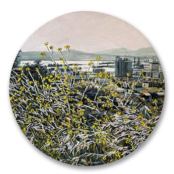 circular oil painting with hand embroidery of Cape Town's harbour