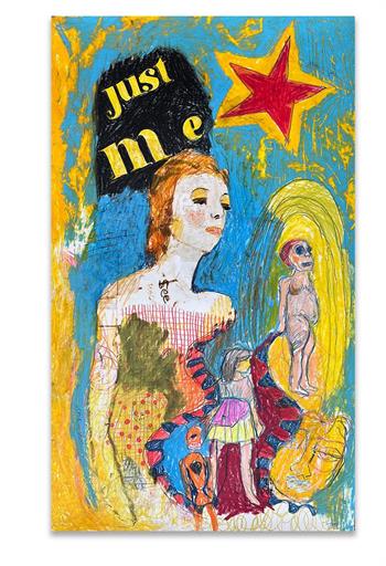 naive painting on paper of a woman with the written words 'Just Me' 