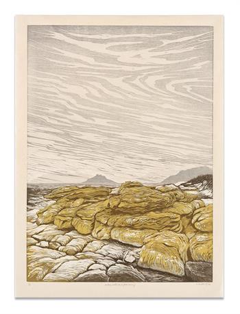 art print on paper of coastal rocks with yellow lichen on a grey morning