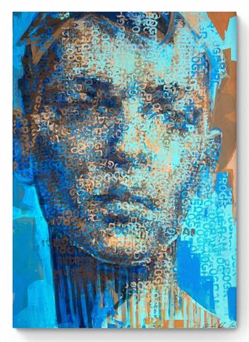 large pop art syle portrait painting in shades of turquoise and blue