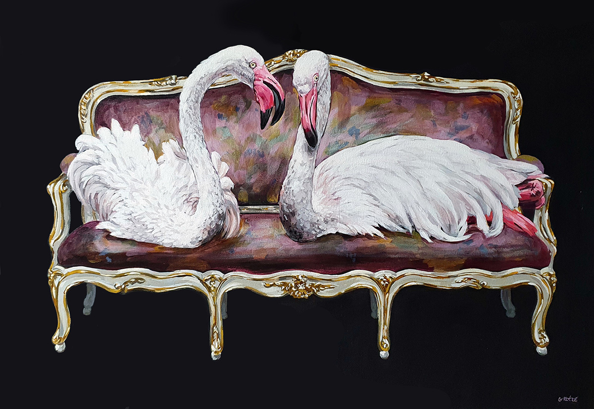 Painting of two flamingoes sitting on an ornate couch by artist Grace Kotze