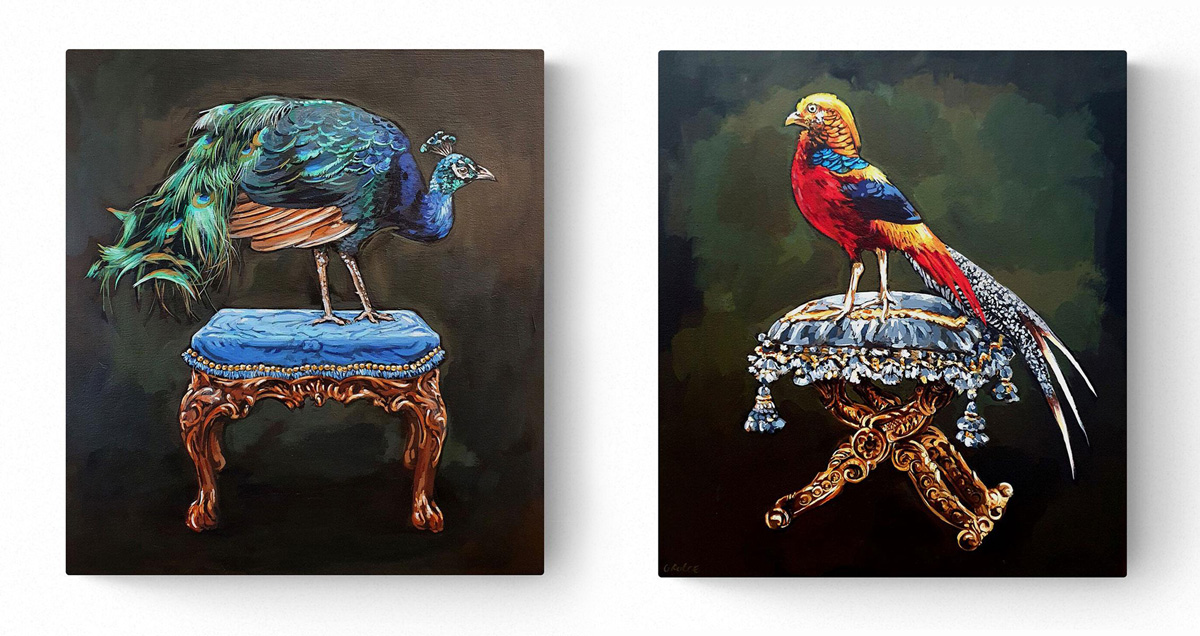 2 paintings by Grace Kotze showing birds standing on ornate furniture