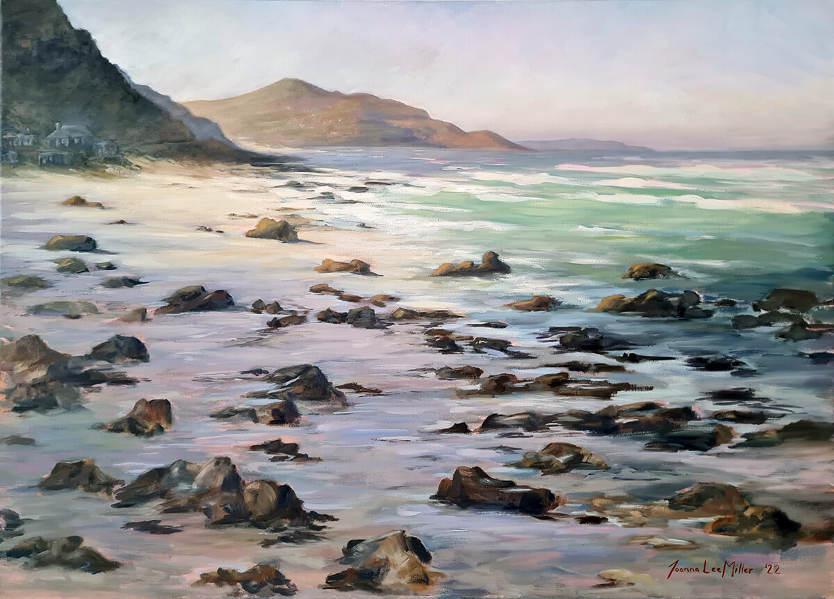 Misty Cliffs painting by Joanna Lee Miller showing a rocky beach and waves with light mist. Mountains in the distance with a few houses.