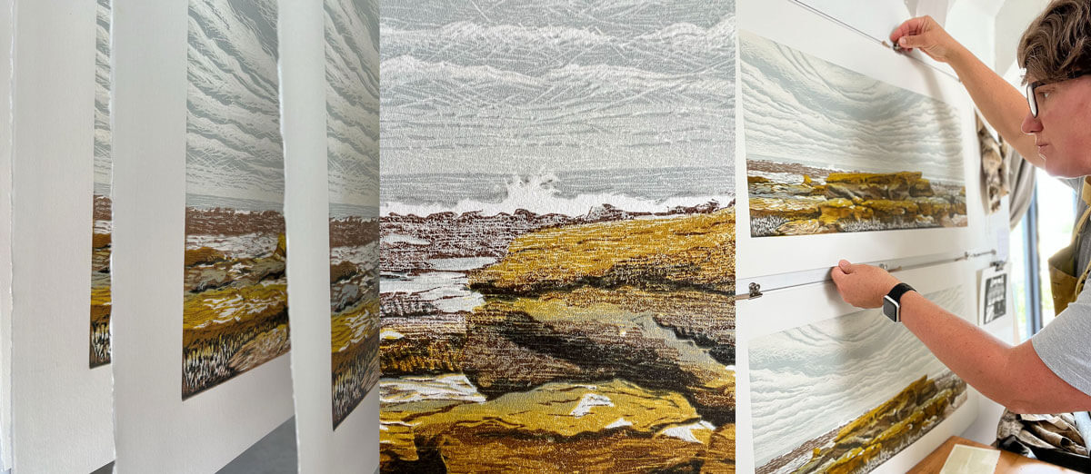 Kristen's woodblock print of the yellow rocks in her studio
