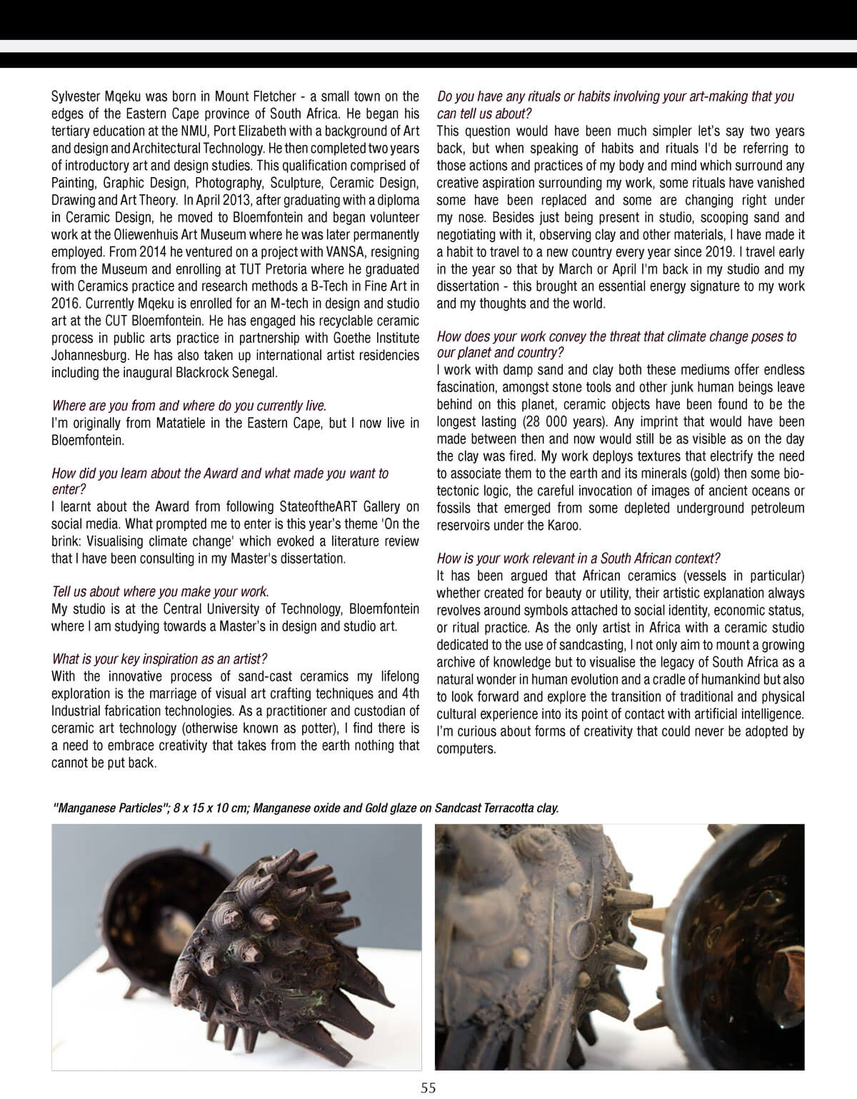 Sylvester Mqeku in SA Artist Magazine page 4