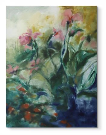 Large abstract floral painting in shades of green on canvas