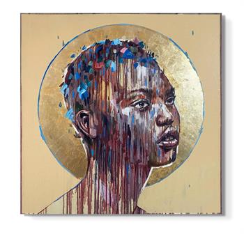 large portrait painting of a beautiful African woman with a gold halo