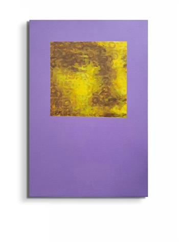 pop art portrait painting created with yellow letters against a purple background
