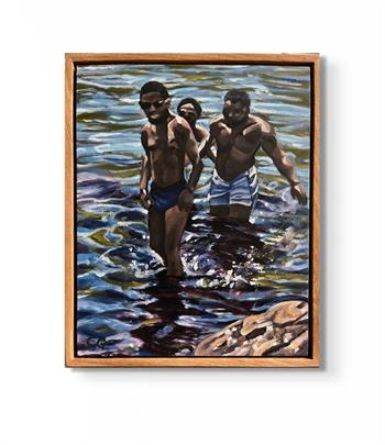 small framed oil painting of young men enjoying the beach and sea