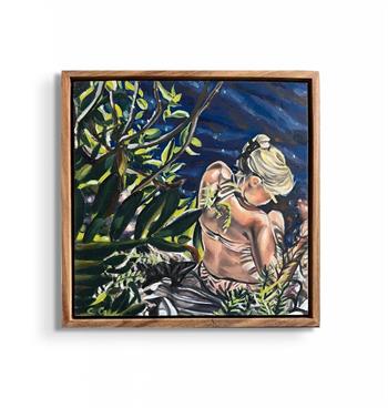 small framed painting of a young woman going for a swim in a river
