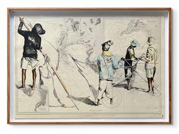 framed painting on vintage map of Table Bay depiciting fishermen