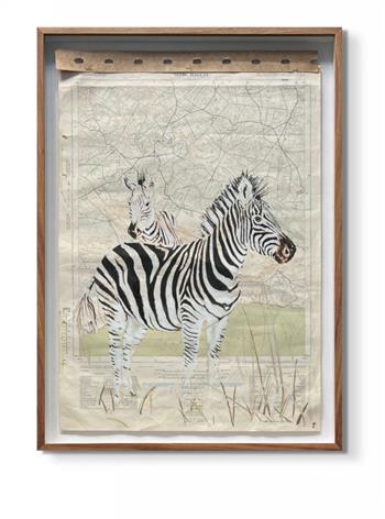 framed picture of two zebra painted on to a map of De Hoop in the Western Cape