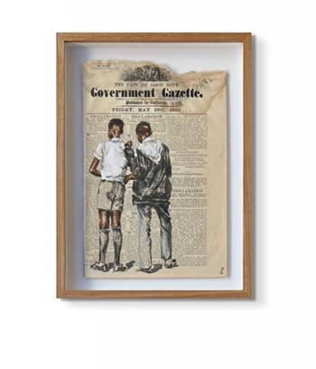 framed painting on old newsprint of two African schoolboys
