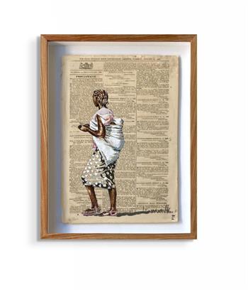 framed painting on vintage newsprint of an African woman carrying a baby on her back