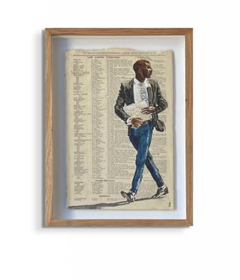framed painting on vintage newsprint of a smartly dressed African man walking quickly