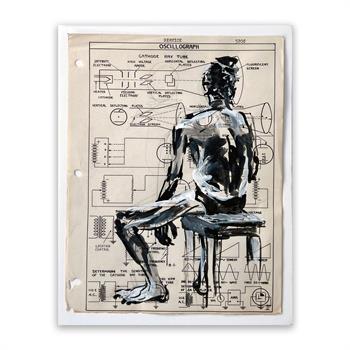 small ink drawing on recycled paper of a nude woman seated