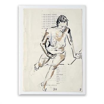 small drawing of a seated female nude on a typewritten poem