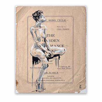 ink drawing upcycled paper of a fseated emale nude