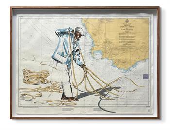 Figurative painting of a fisherman on Cape Columbine marine chart