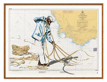 Lisette Forsyth, Roped In, acrylic and ink painting of a fisherman on a vintage nautical depth chart.