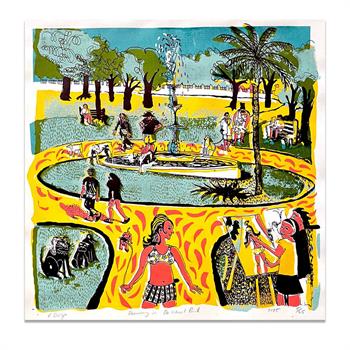 colourful artwork depicting people enjoying the sun in De Waal Park in Cape Town