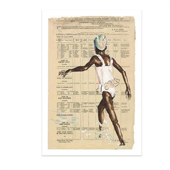 art print of a painting on newspaper of a girl in a bathing suit and cap 