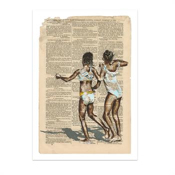 art print of a painting on newspaper of two children playing on the beach