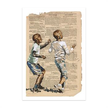 art print of a painting on newspaper of two African schoolboys