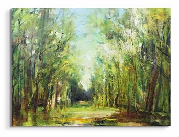 Picture of vibrant green trees in a forest woodland in an impressionist style