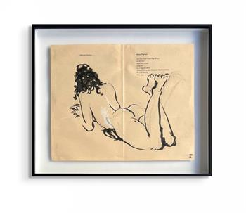 framed ink drawing of a nude woman lying on her stomach