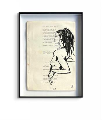 framed link drawing on typewritten poetry of a nude young woman