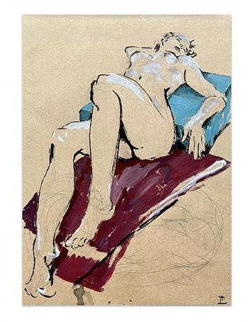 painting on brown paper of a nude woman reclining on a rug