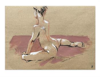 Ink and acrylic drawing on brown paper of the back view of a seated nude woman