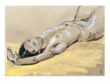 life drawing on brown paper in ink and acrylic of a reclining naked woman 