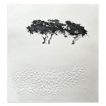 Drypoint etching on paper of trees, with beautiful embossed surface
