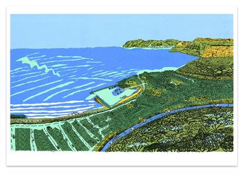 Artwork on paper depicting aerial view of Kalk Bay Harbour