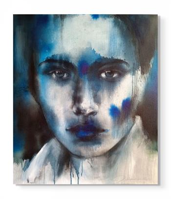 Portrait painting of a young woman rendered in ink wash with charcoal on canvas