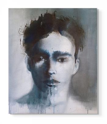expressive painting of the face of a young man in ink and charcoal on canvas
