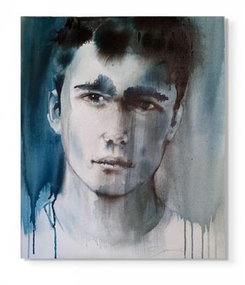 Portrait painting of a young man rendered in ink wash with charcoal on canvas