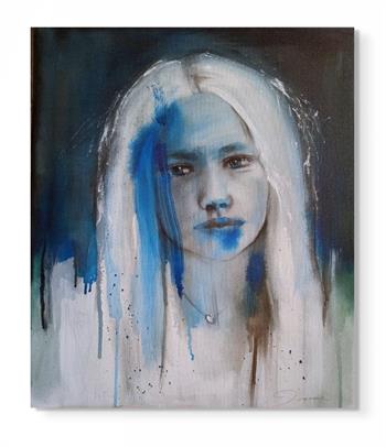 Beautiful portrait of a young woman with long hair created in ink and charcoal on canvas