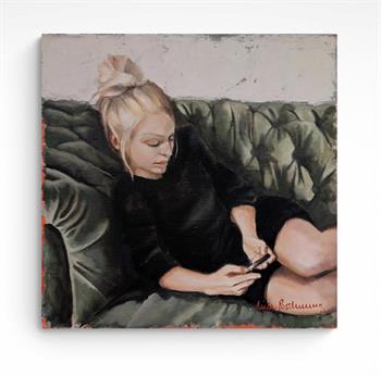 figurative painting depicting a young woman on a couch absorbed in her mobile phone