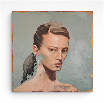 Expressive painting of the face of a young woman with dark hair tied back in a ponytail.
