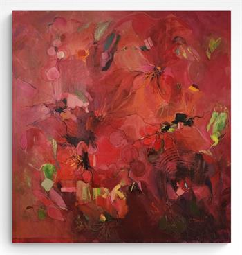 Vivid abstract flower painting on canvas in shades of red