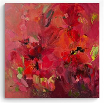 vivid abstract flower painting on canvas in shades of red
