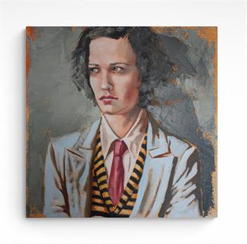 small portrait painting of a young woman wearing a suit and tie
