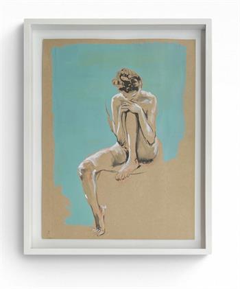 Framed life drawing on brown paper of a pensive female nude