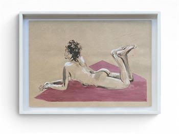 framed life drawing on brown paper of a female nude lying on her stomach