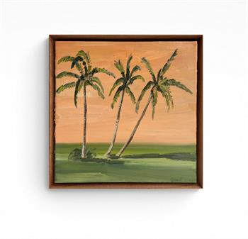 small painting of 3 palm trees against a peach coloured sky