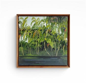 small framed oil painting of lush coastal palm trees